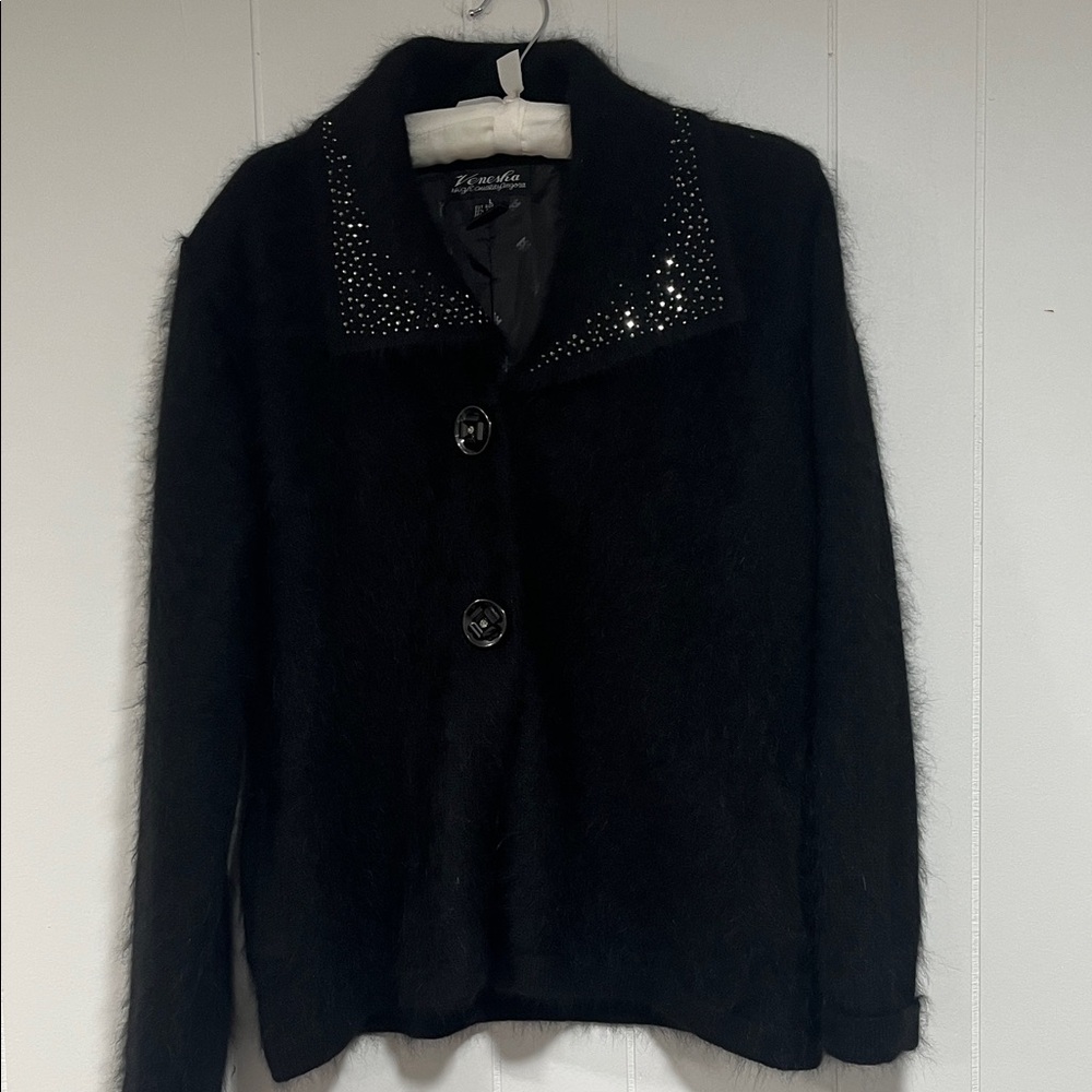 vintage Venesha angora fuzzy black coat rhinestones on collar